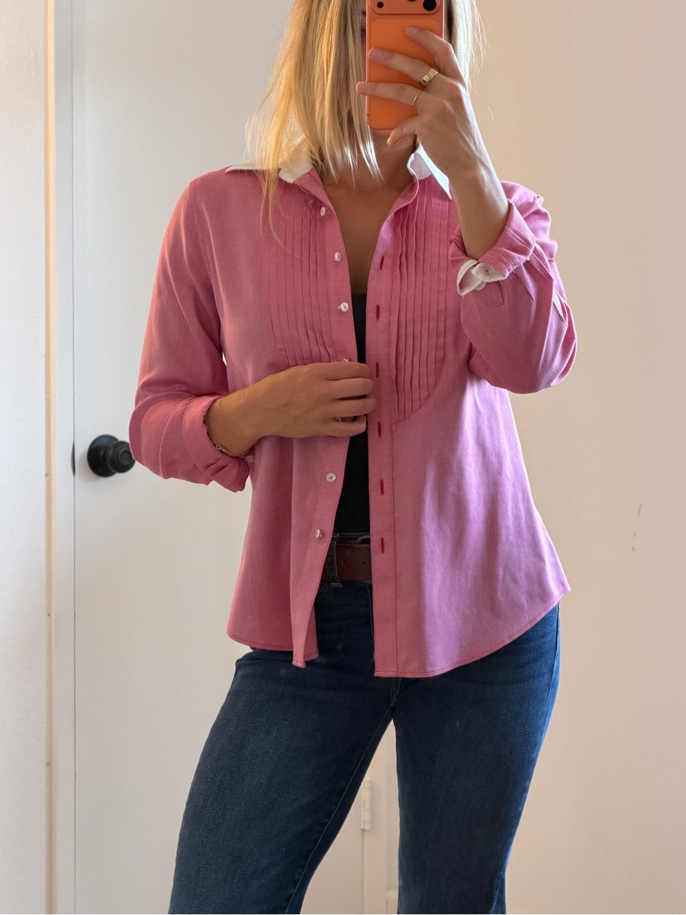 Talbots Pink White Contrast Collar Pintuck Shirt Size 6